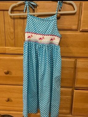 Marmellata Girl’s Blue & White Polka Dot Sundress with Flamingo Smocking Size 6